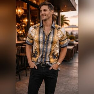 Prestige Original Baroque Print Button Shirt XL Gold Blue Luxury Style NWT